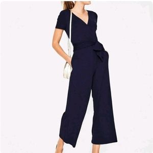 Boden Ellen Navy Blue Jersey V-Neck Tie Waist Wide Leg Jumpsuit, Size 12